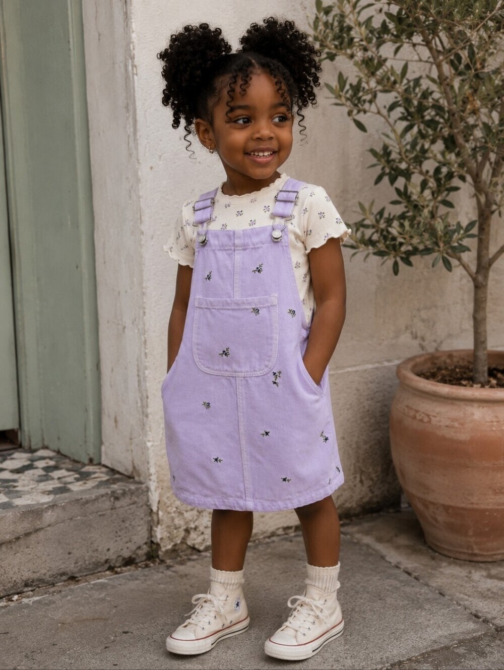 Zara Girls 3-4Y Lilac Denim Floral Embroidered Overall Dress